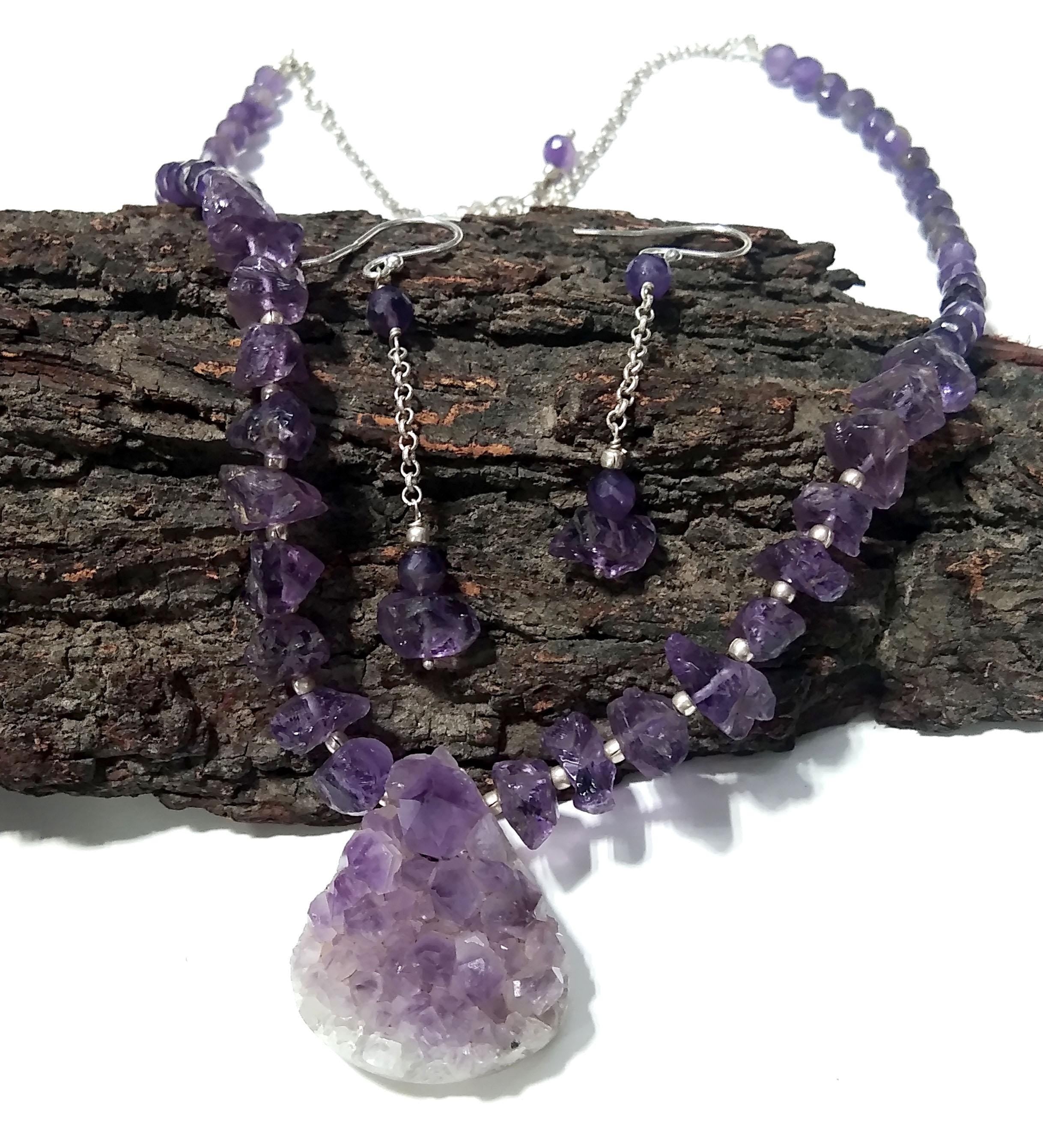 Amethyst Druzy Stone Rough Beads Necklace & Earrings Jewelry Set, 925 Sterling Silver Necklace Beaded Necklace Statement Jewelry